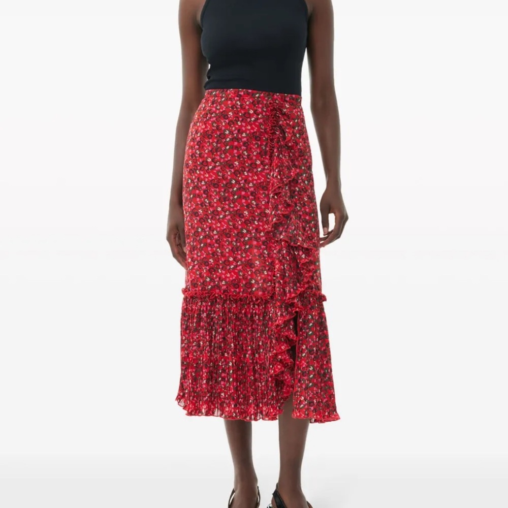 Ganni ruffle detail floral print Georgette midi skirt